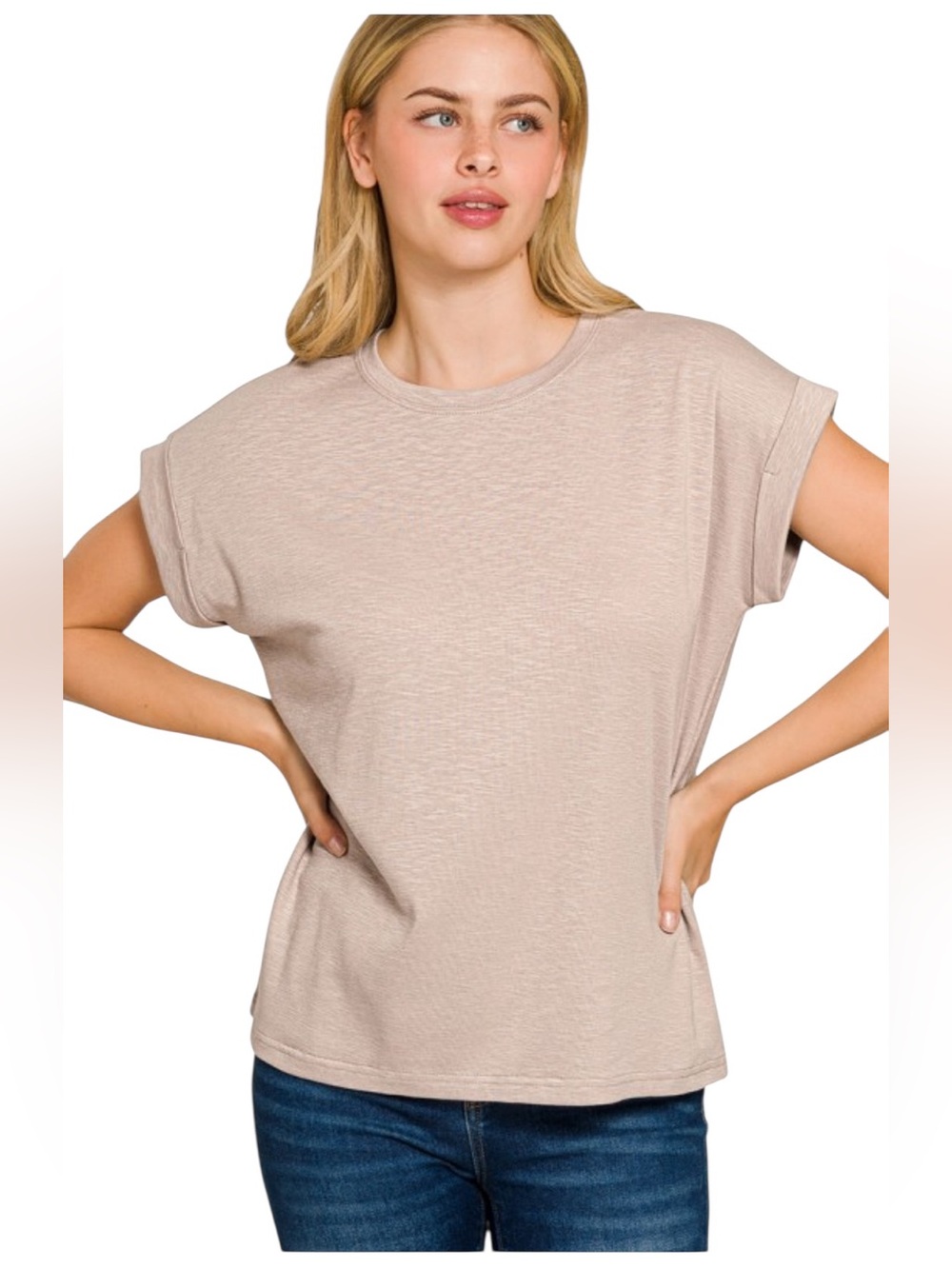 Zenana Ash Mocha Cotton Modal Slub Short Sleeve cuffed Tee Top